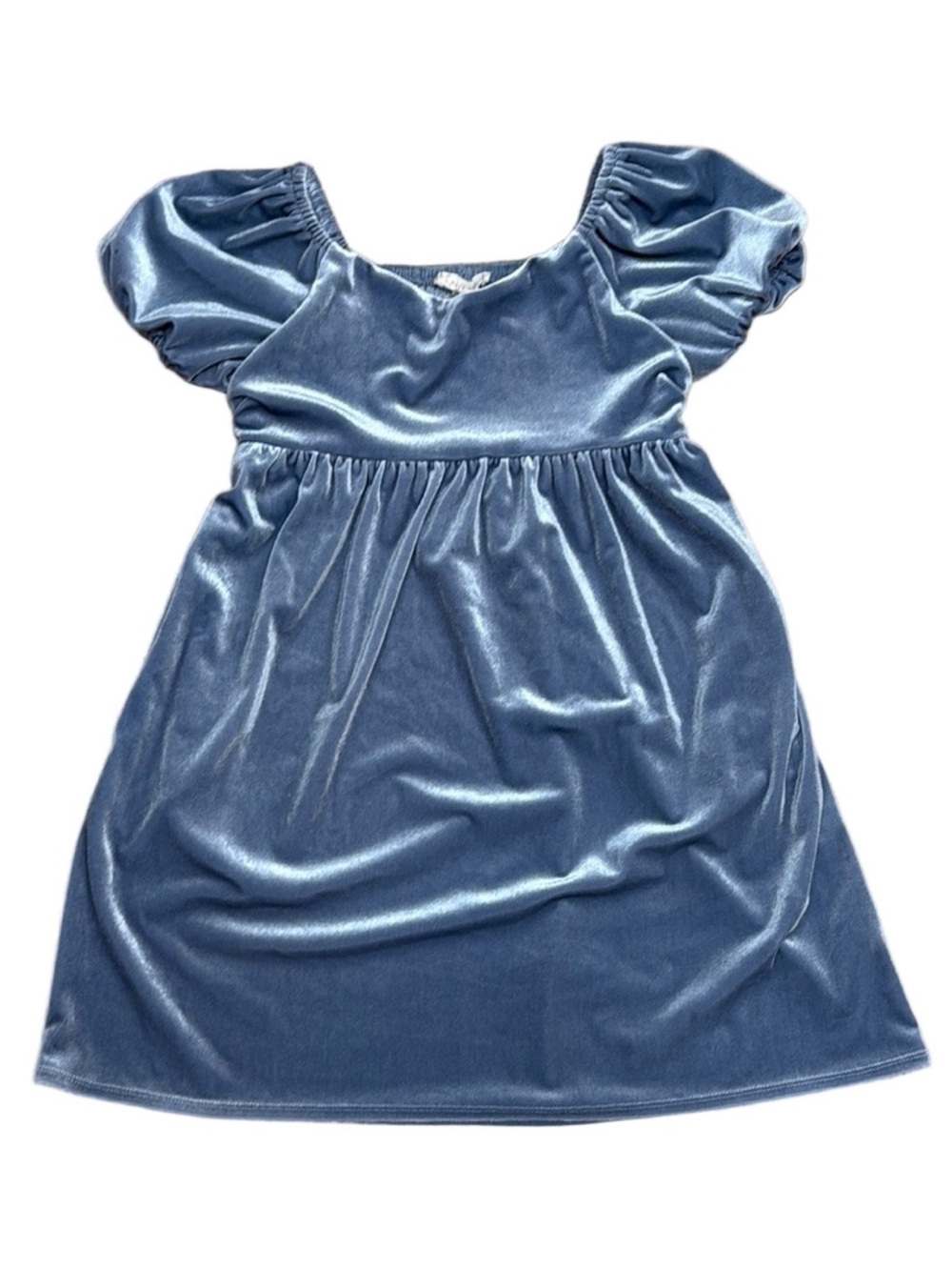 Walking On Sunshine Girls Medium Blue Velvet Puff Sleeve Empire Waist Dress